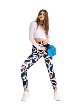 1188 Leggings hauts à taille à motifs en bleu, blanc et noir