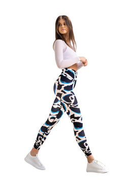 1188 Leggings hauts à taille à motifs en bleu, blanc et noir