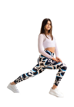 1188 Leggings hauts à taille à motifs en bleu, blanc et noir