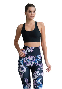 334 Leggings a vita alta in nero, blu e rosa a fiori