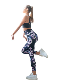 334 Leggings a vita alta in nero, blu e rosa a fiori